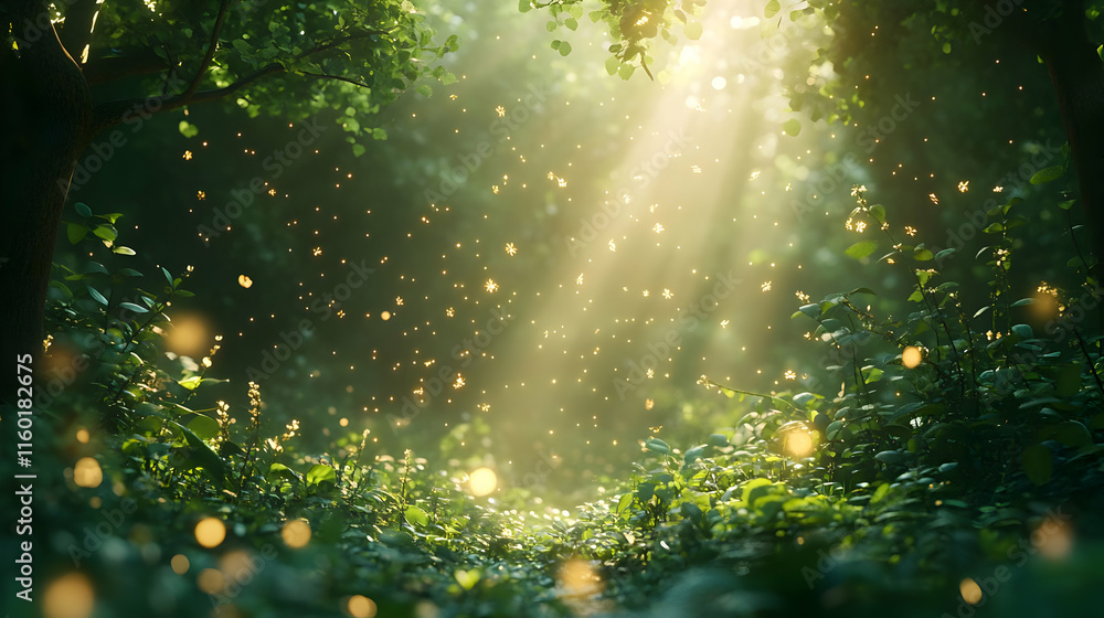 Poster a serene forest scene illuminated by sunlight, with floating particles creating a magical atmosphere