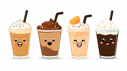 Cute Cartoon Coffee Drinks Set, White Background, Menu Design.