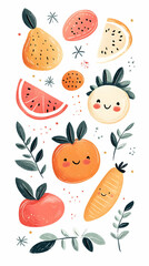 Cute Fruit Illustration, White Background, Healthy Eating, Food Blog Design.