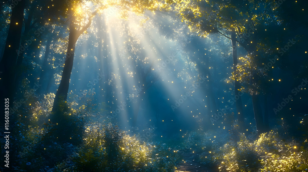 Poster a serene forest scene with sunlight filtering through trees, creating a magical atmosphere.