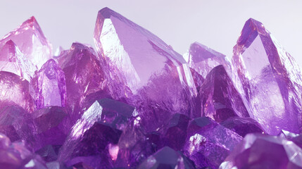 Fototapeta premium An extraordinary close-up of rough crystalline surfaces, rugged and jagged edges with glowing amethyst purple and shimmering silver tones, flawlessly separated from a stark white background