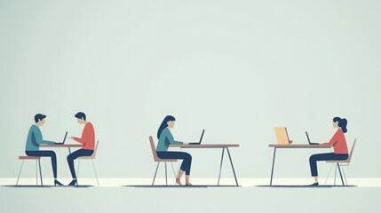 Fototapeta premium Four individuals working independently at individual desks, showcasing modern workspaces.