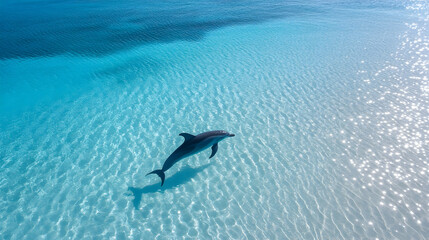 Naklejka premium Dolphin swimming in crystal-clear shallow ocean water near a reef, aerial view, for travel brochures.