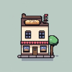 Obraz premium An 8-bit pixel art design of a cute bakery with glowing windows, a pixelated bread sign, and tiny sparkles, set on a pastel cream and brown background for a cozy village aesthetic. 