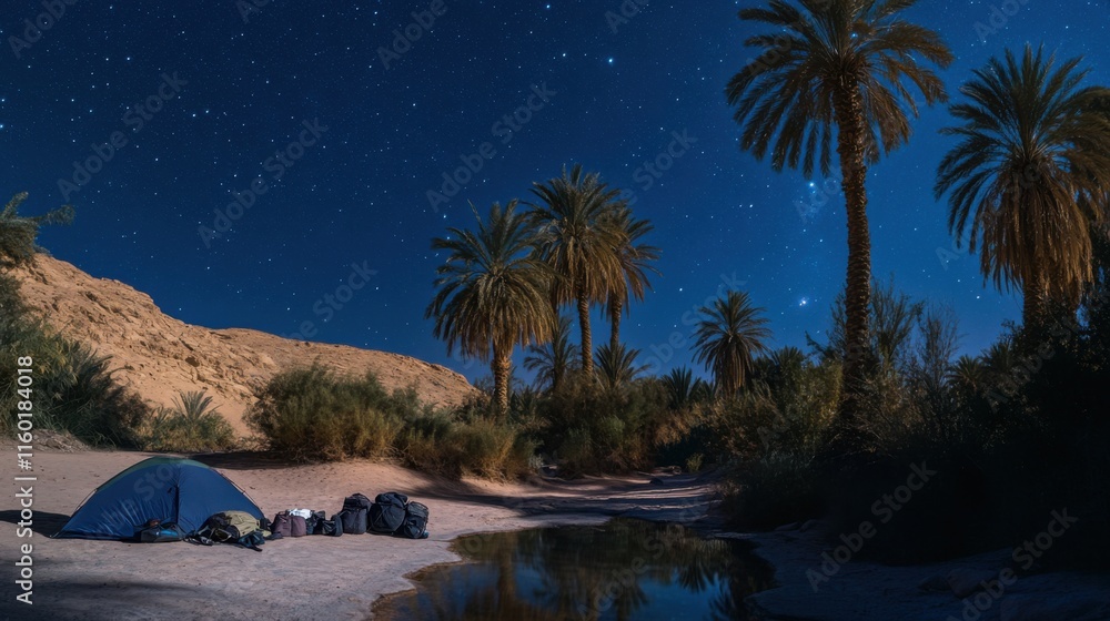Poster a remote camping site under a starry night sky in a desert oasis, camping gear arranged under palm t