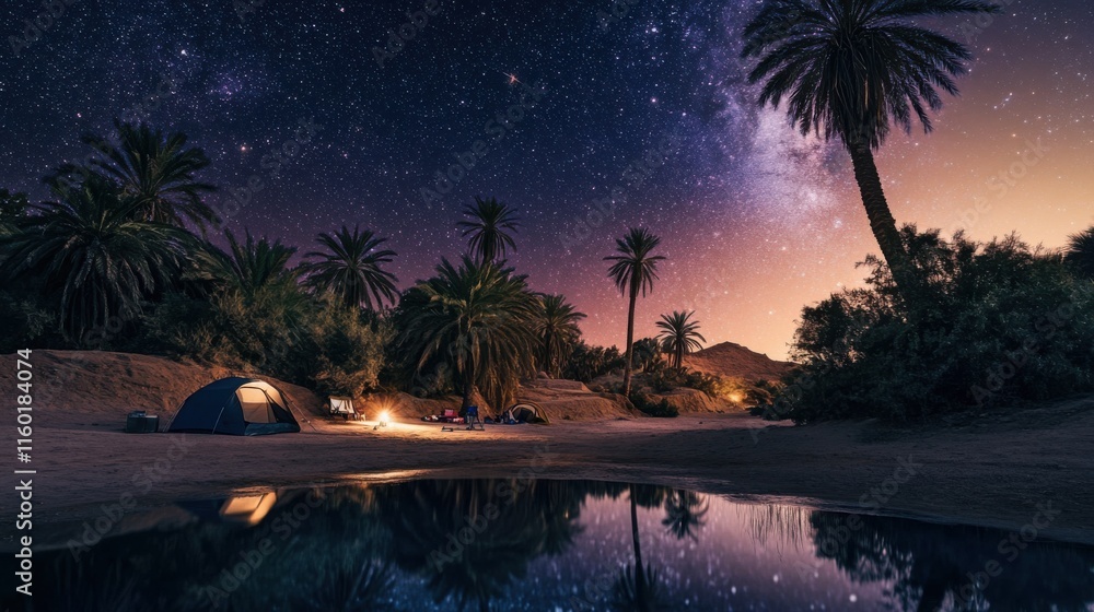 Poster a remote camping site under a starry night sky in a desert oasis, camping gear arranged under palm t