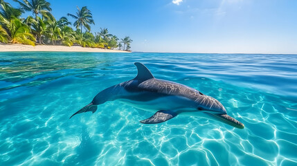Dolphin swimming tropical ocean beach paradise island postcard.