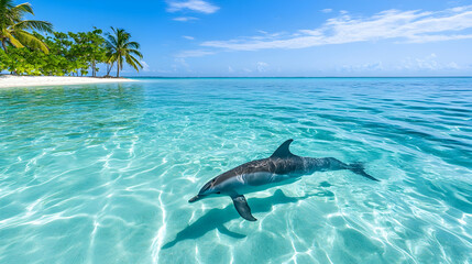Dolphin swimming tropical ocean, palm beach background, paradise vacation.