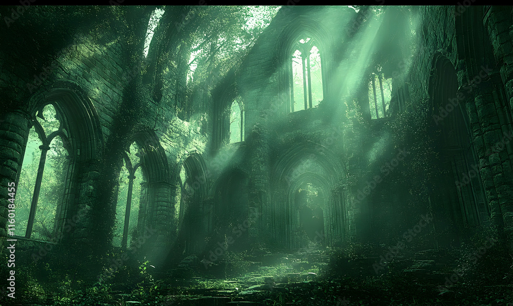 Poster an overgrown ruin with sunlight filtering through broken windows, creating a mystical atmosphere.