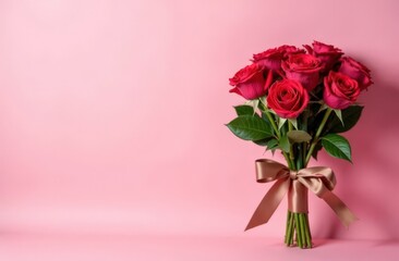 A Valentine&rsquo;s Day bouquet of roses, tied with a mocha-mousse-colored ribbon