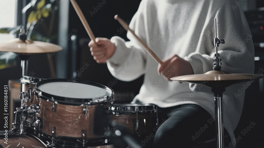 Poster a rhythmic drumming session in a minimalist studio, drums arranged with artistic precision, contempo