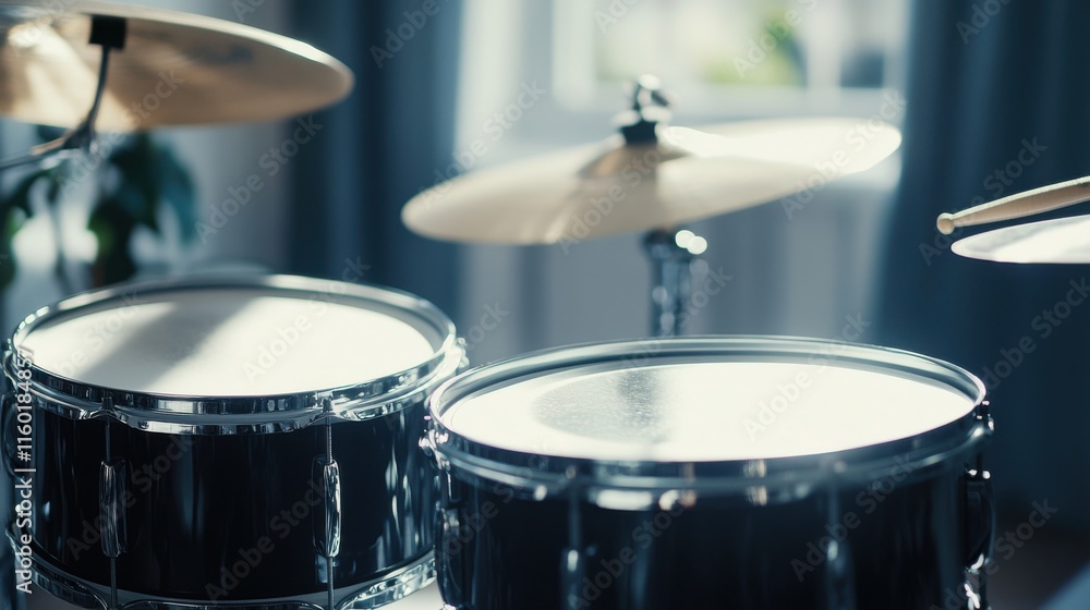 Poster a rhythmic drumming session in a minimalist studio, drums arranged with artistic precision, contempo
