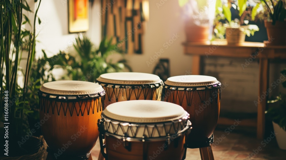 Poster a rhythmic drumming session in a minimalist studio, drums arranged with artistic precision, contempo