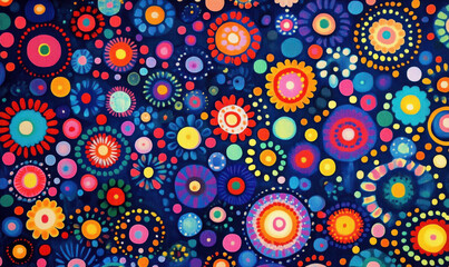 A collection of colorful flower circles and textile patterns