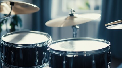 A rhythmic drumming session in a minimalist studio, Drums arranged with artistic precision, Contemporary musical style