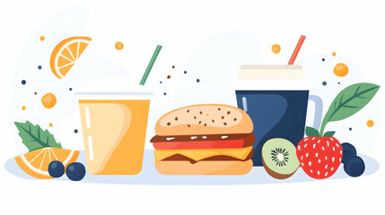 Fast food burger, smoothie, coffee takeaway; fresh fruit background; healthy menu design.