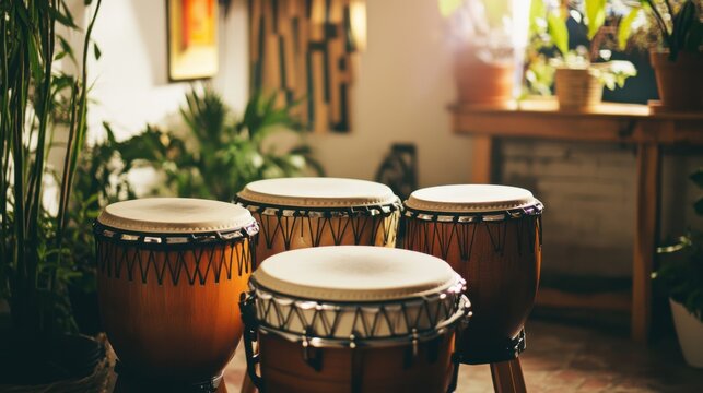 A rhythmic drumming session in a minimalist studio, Drums arranged with artistic precision, Contemporary musical style