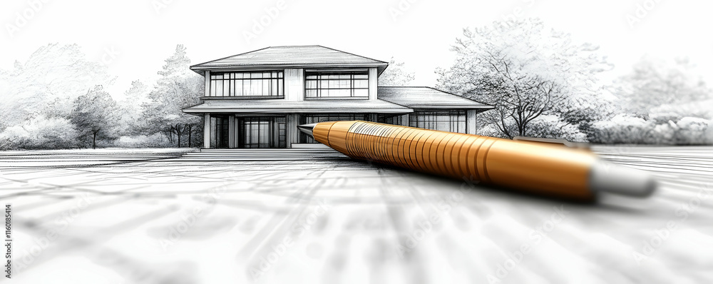 Aufkleber a stylized architectural rendering featuring a house and a large pen in the foreground.