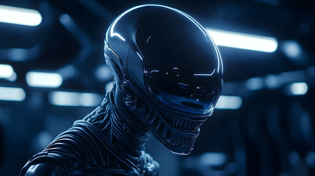 Futuristic Alien in Spaceship Corridor; Sci-Fi Film Still.
