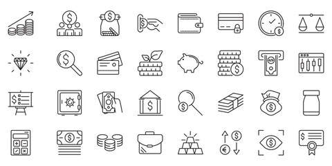 Money and finance set of web icons in line style. Payment and money icons for web and mobile app. Money, dollar, cash, pay, banking, business, finance, coin wallet, credit card