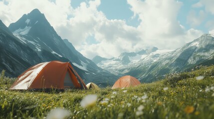 A rustic camping scene amidst rugged mountain peaks, Tents nestled in alpine meadows, Alpine adventure style