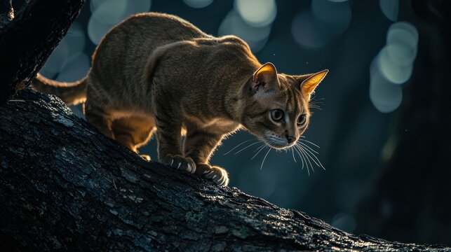 A rusty-spotted cat perched on a tree branch, alert and watchful.