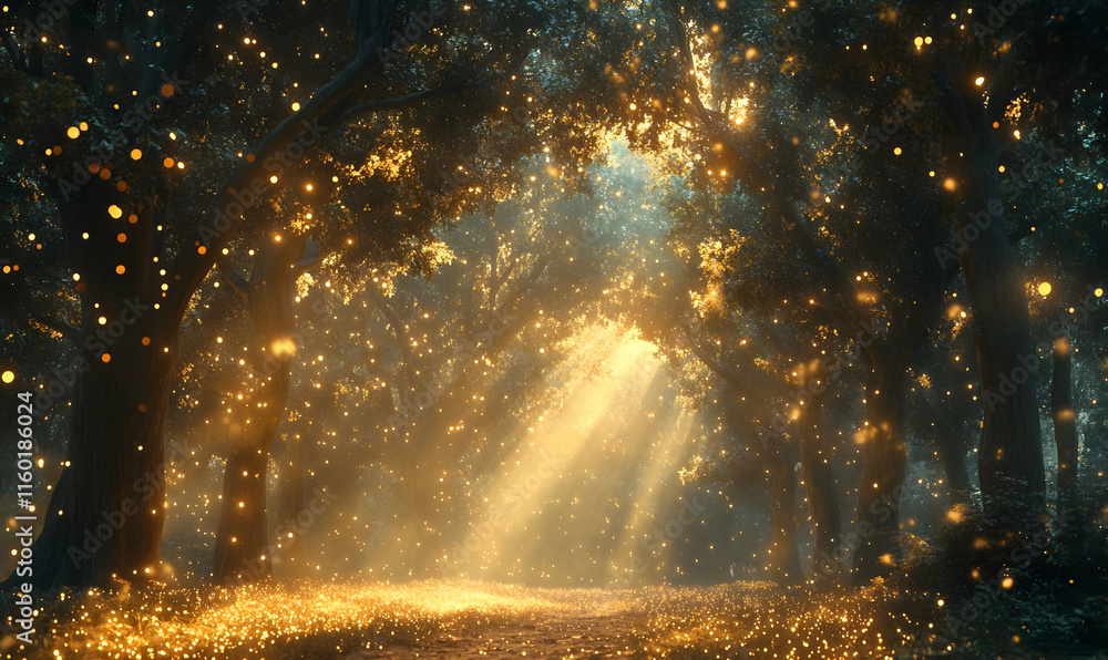 Poster enchanted forest with glowing lights and sunbeams filtering through trees.