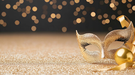 Golden masquerade mask, glittering background, New Year's Eve celebration, holiday card design.