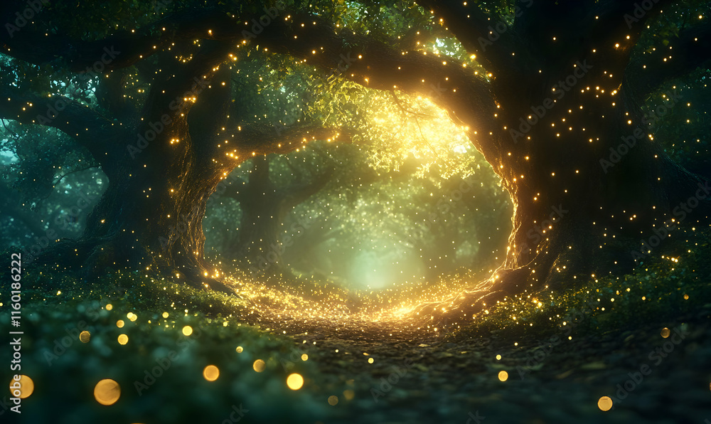 Poster enchanted forest path illuminated by glowing orbs and soft sunlight filtering through trees.