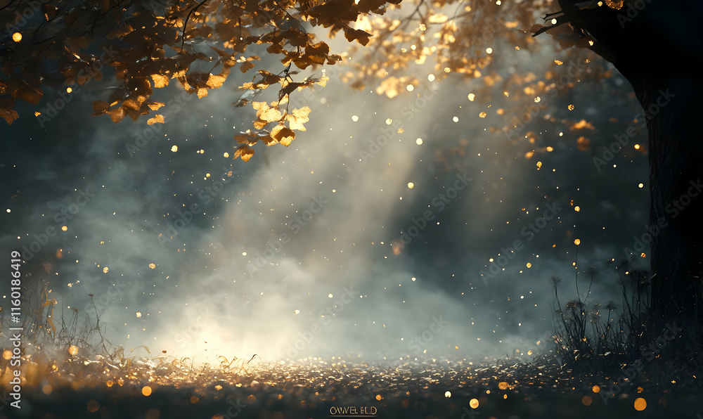 Poster a serene forest scene illuminated by soft rays of light filtering through autumn leaves.