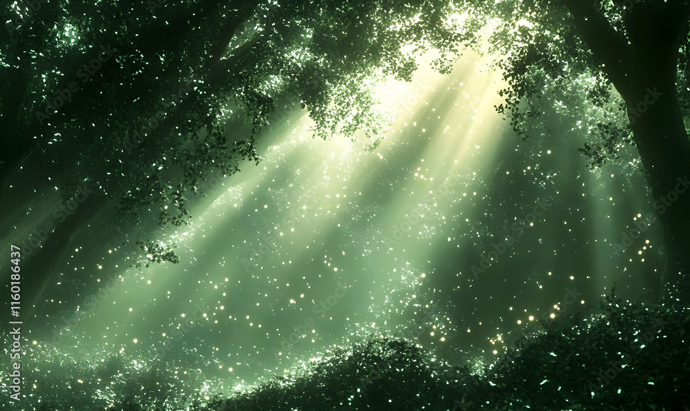 Poster a serene forest scene with sunlight filtering through trees, creating a magical atmosphere.