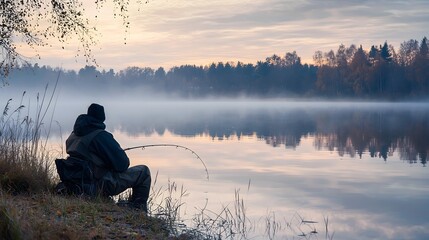 Misty lake fishing tranquility