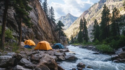 A rustic camping scene by a remote mountain river, Tents nestled under towering cliffs, Riverside solitude style