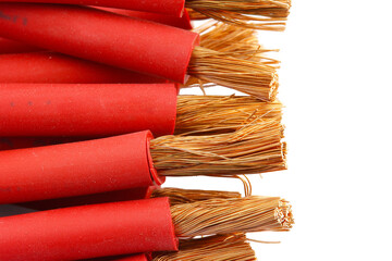 Electric copper stranded insulated mounting wires. Close-up. Soft focus. Transparent background in...