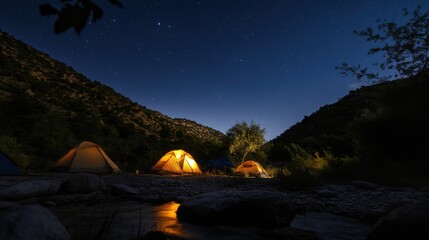 A rustic camping scene by a remote mountain stream, Tents pitched under a canopy of stars, Starlit solitude style