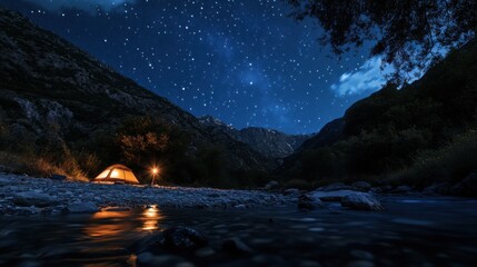 A rustic camping scene by a remote mountain stream, Tents pitched under a starry night sky, Starlit solitude style