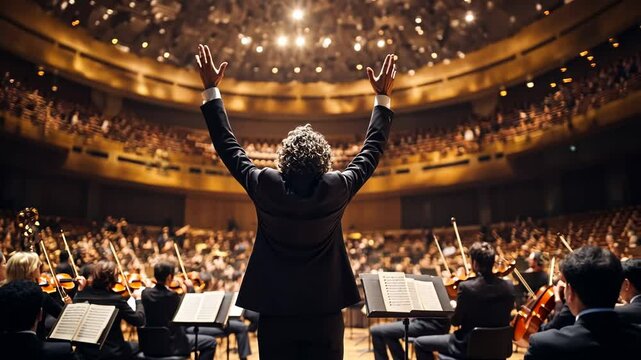 A portrait of an orchestra conductor with his arms raised in the air, standing on stage inside a concert hall, facing the audience, from the back. A symphony and music concept.