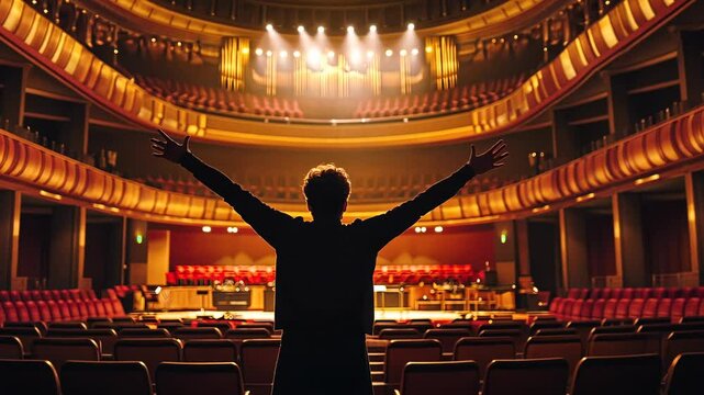 A portrait of an orchestra conductor with his arms raised in the air, standing on stage inside a concert hall, facing the audience, from the back. A symphony and music concept.