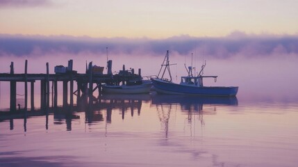 A rustic fishing pier at dawn with fishermen preparing their boats, Fishing equipment under soft morning light and reflections on calm waters, Coastal awakening style