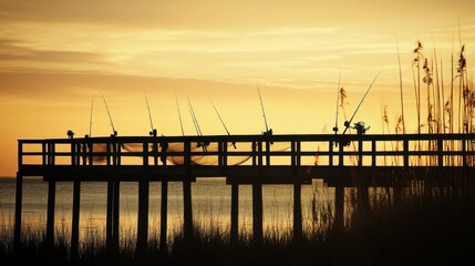 A rustic fishing pier at sunrise with rods and nets, Fishing equipment silhouetted against golden sky, Impressionist style