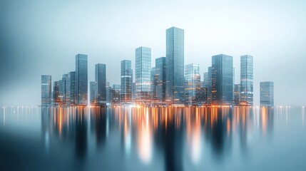 Fototapeta premium Futuristic city skyline reflected in calm water at night.