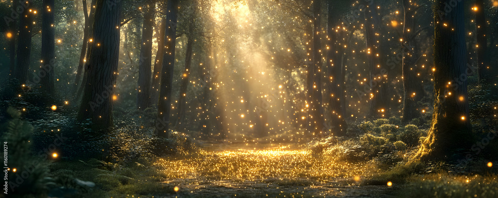 Poster a serene forest scene illuminated by soft golden light and floating particles.