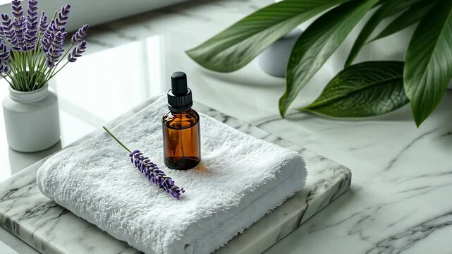 White towels and an essential oil bottle on a marble tray with a lavender flower, a mockup for a beauty products branding presentation in a spa salon background.