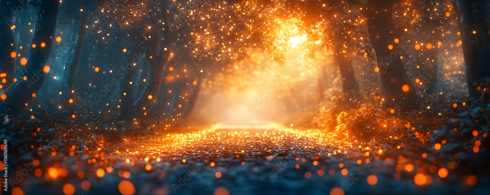 Poster a mystical forest pathway illuminated by glowing particles and soft light.