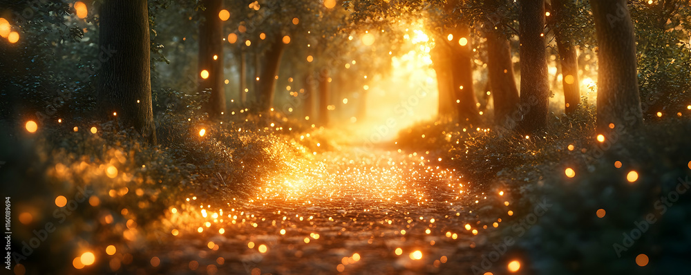 Aufkleber a serene forest path illuminated by warm light and floating particles.