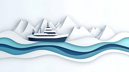 Paper-cut Cruise Ship Sailing Mountainous Sea, Travel Brochure Design.