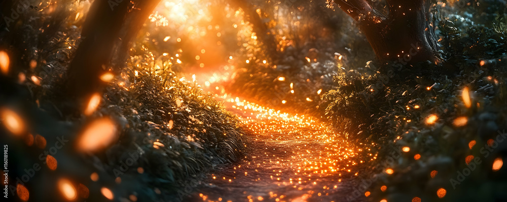 Poster a serene forest path illuminated by glowing particles, creating a magical atmosphere.