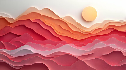 Fototapeta premium Abstract layered landscape with warm colors and a sun, evoking tranquility and creativity.