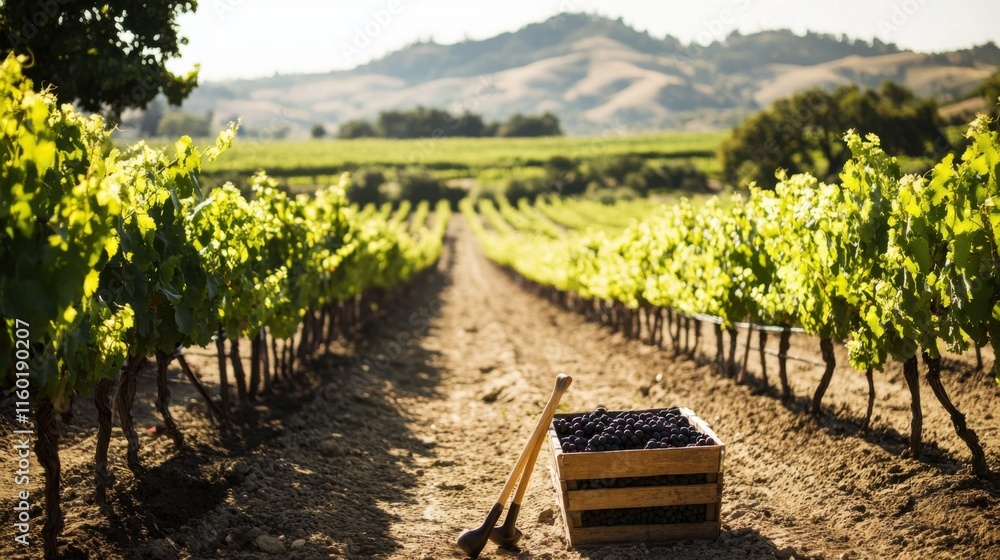 Poster a scenic vineyard with wine-making tools amidst rows of grapevines, vineyard harvest and winemaking 