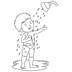 Cute cartoon hand drawn vector Young baby boy takes bath coloring page.